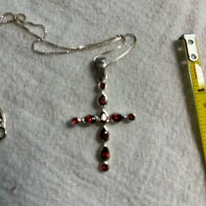 Garnet and Sterling Cross Pendant Necklace